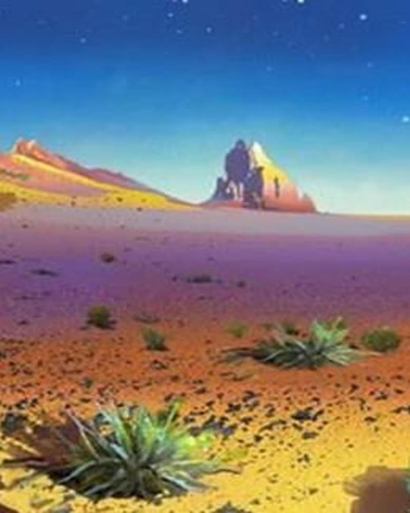 A colorful desert landscape with distant mountains under a starry sky.