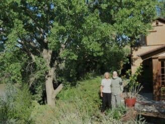 Two people stand together in a lush garden beside a large tree and a house.